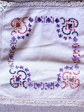 Vintage - Hand-Embroidered Floral Linen Square - Purple & Pink Accents